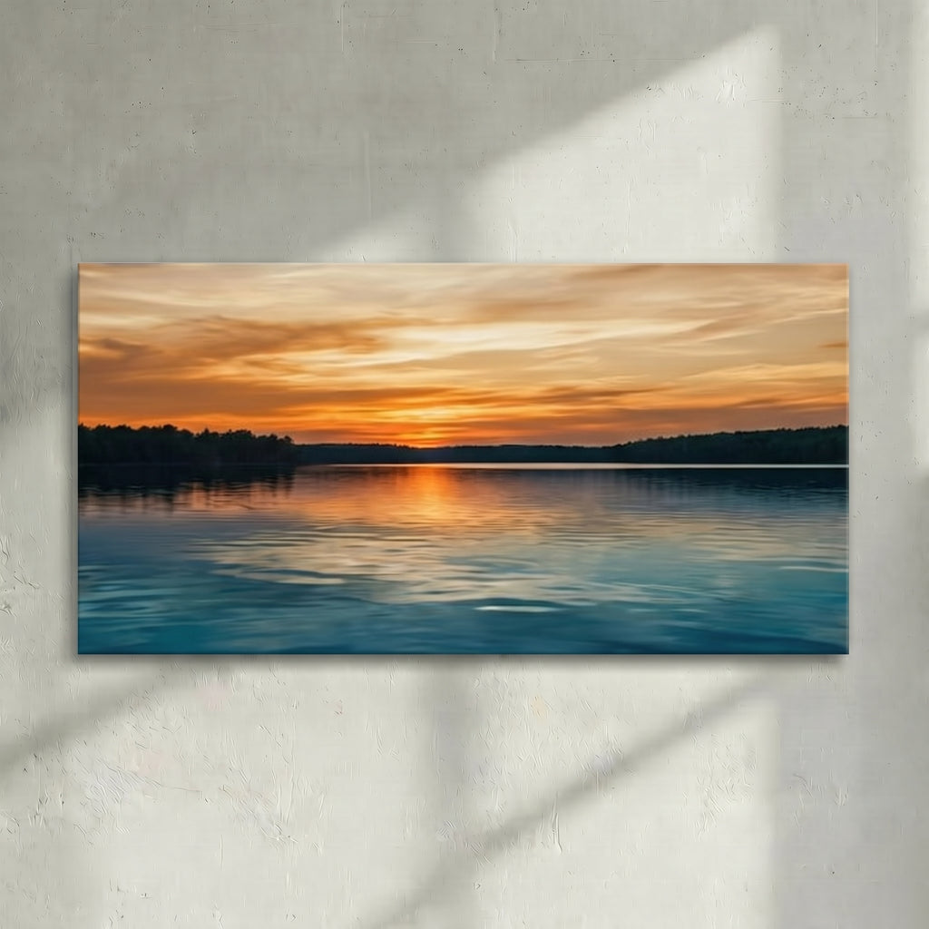 Lake Sunset Golden Sky Nature Painting
