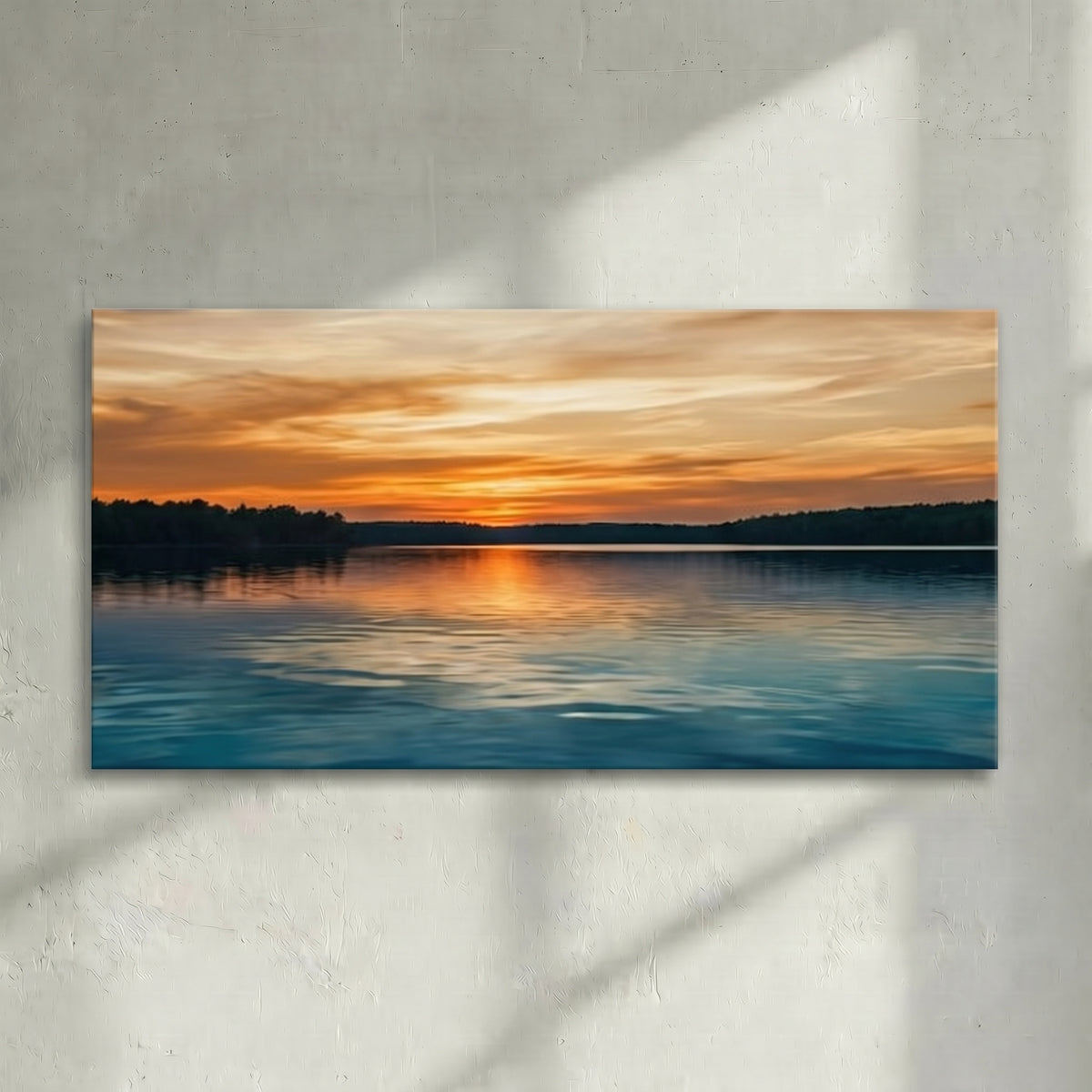 Lake Sunset Golden Sky Nature Painting