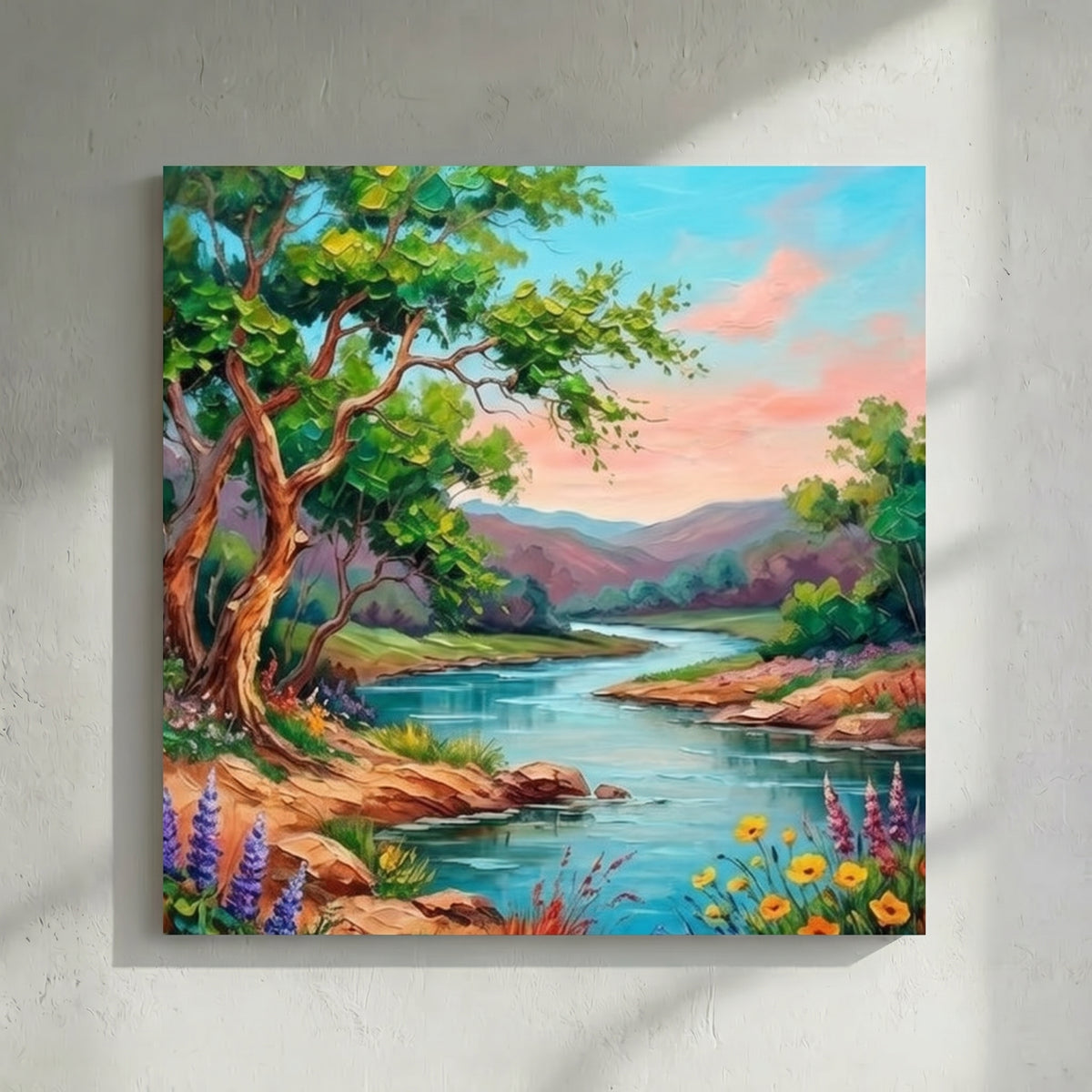 Colorful Riverside Tree Wildflower Painting
