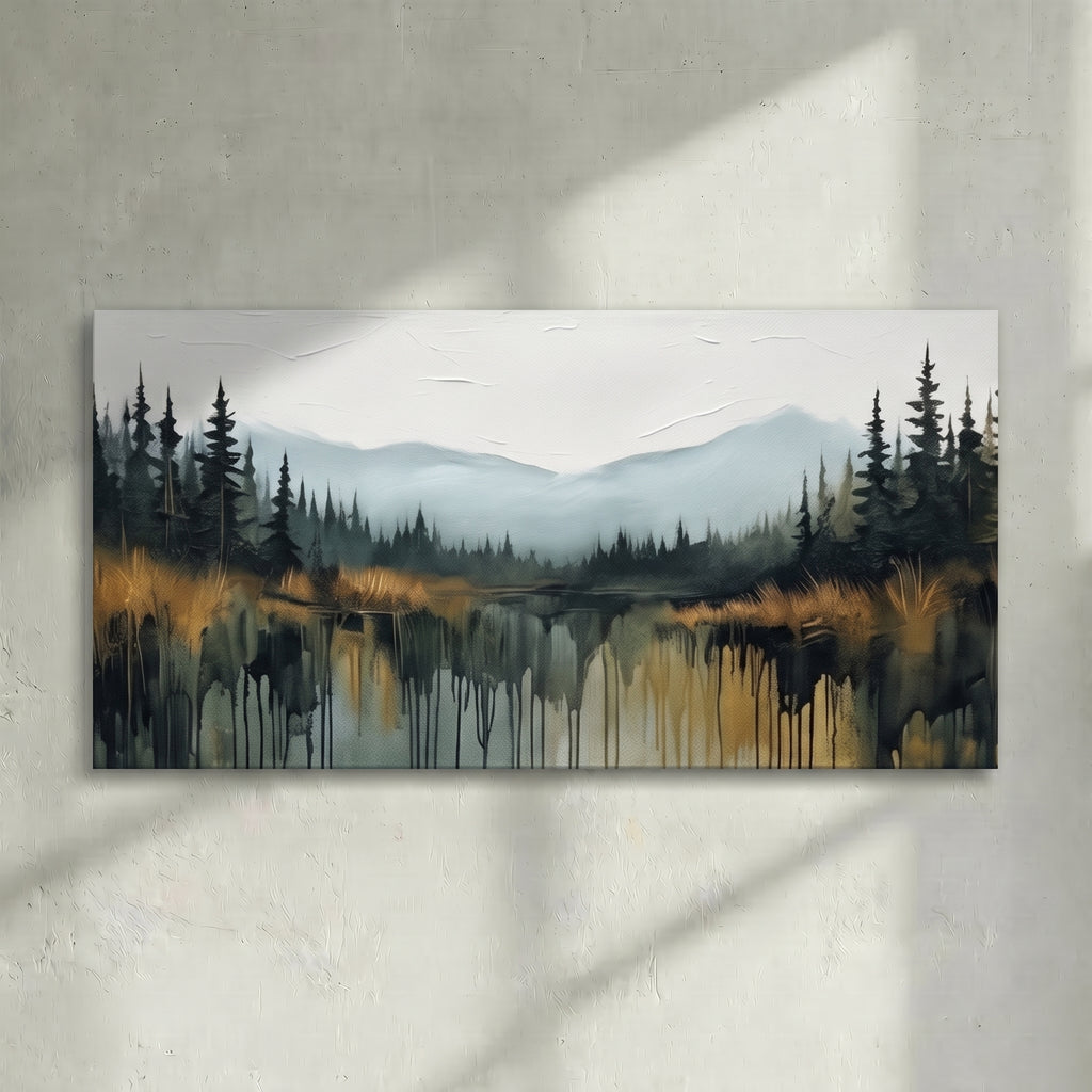 Dark Forest Lake Gold Drip Painting