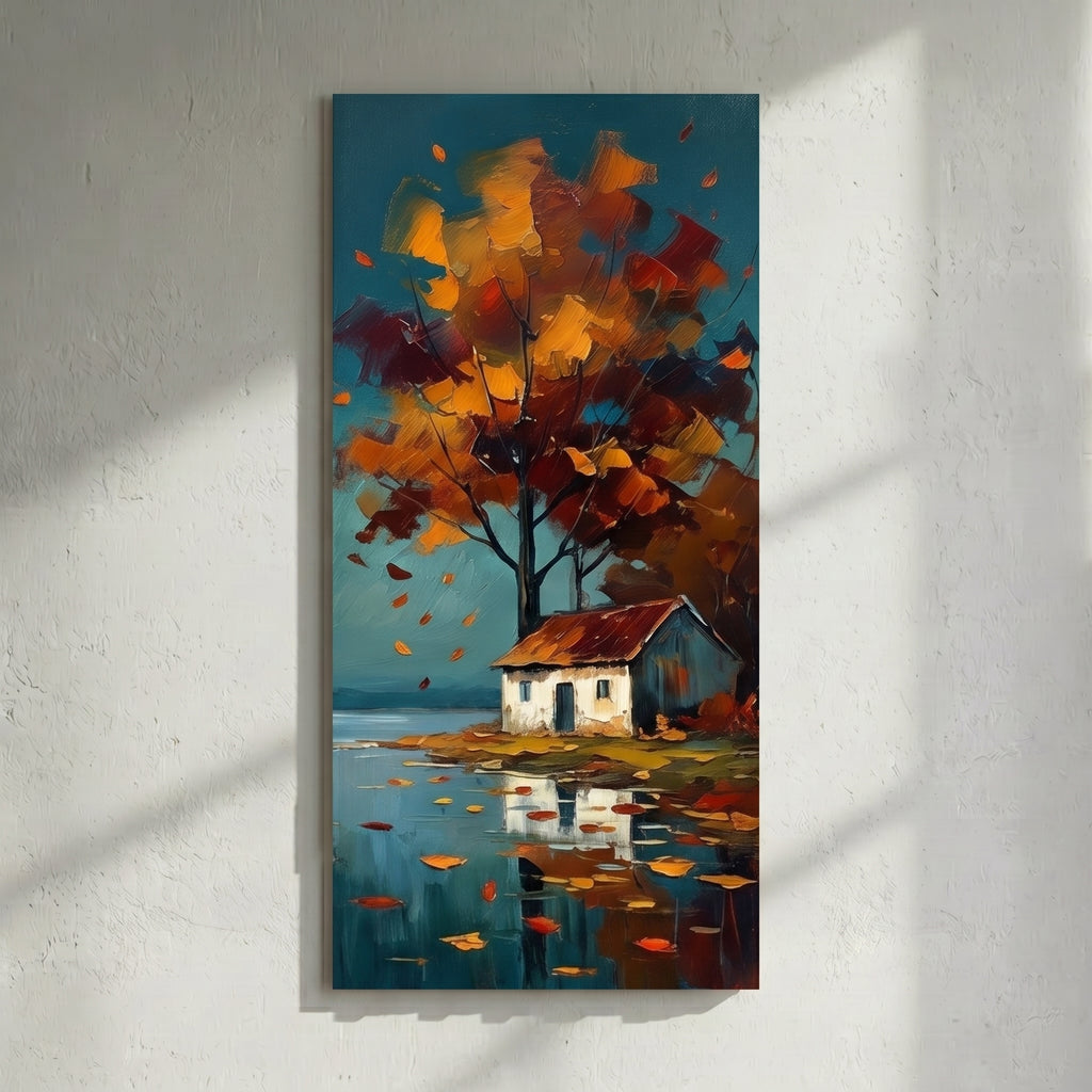 Autumn Cottage Lake Reflection Painting