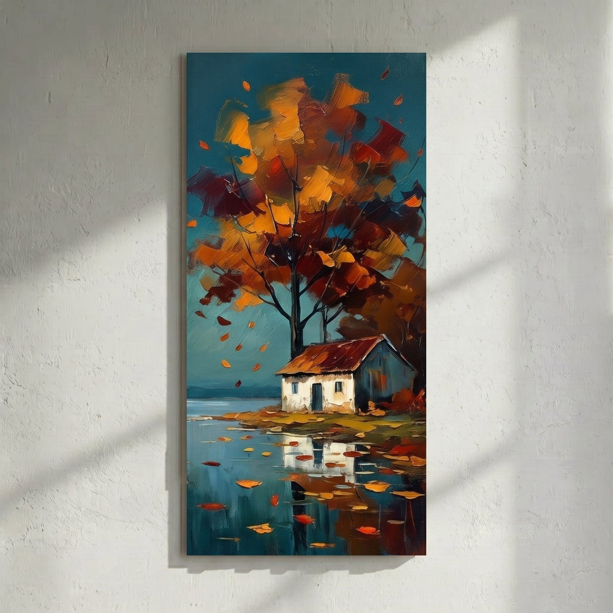 Autumn Cottage Lake Reflection Painting