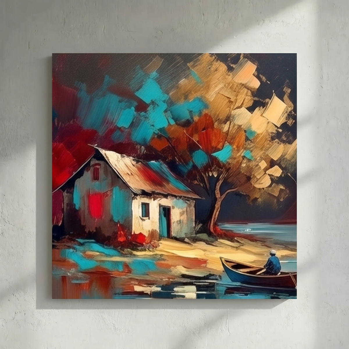 Bold Teal Red Cottage Boat Acrylic Art
