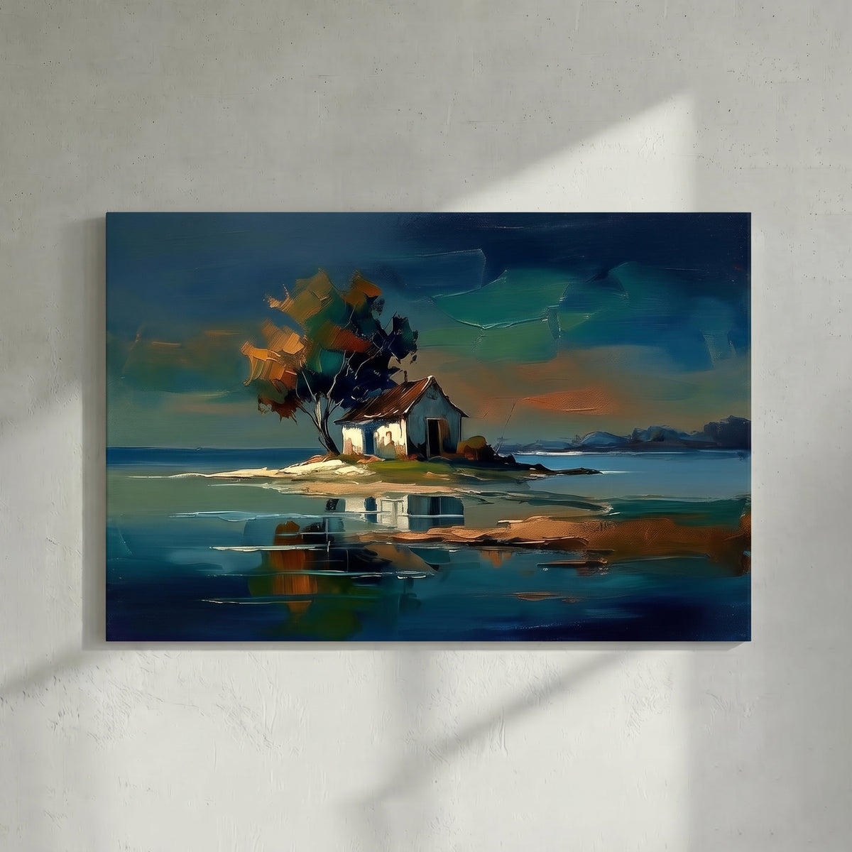 Island Cottage Blue Water Reflection Art