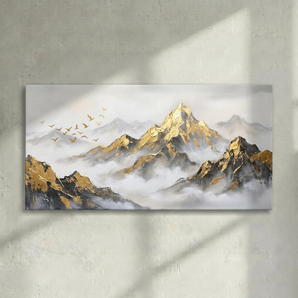 Gold Leaf Mountain Mist Birds Painting