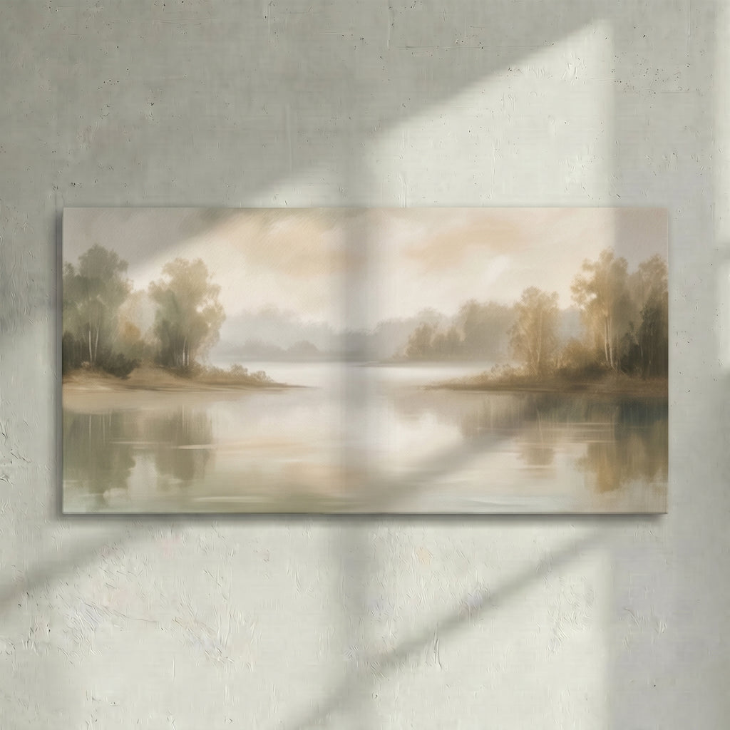 Soft Misty Lake Birch Tree Canvas Art