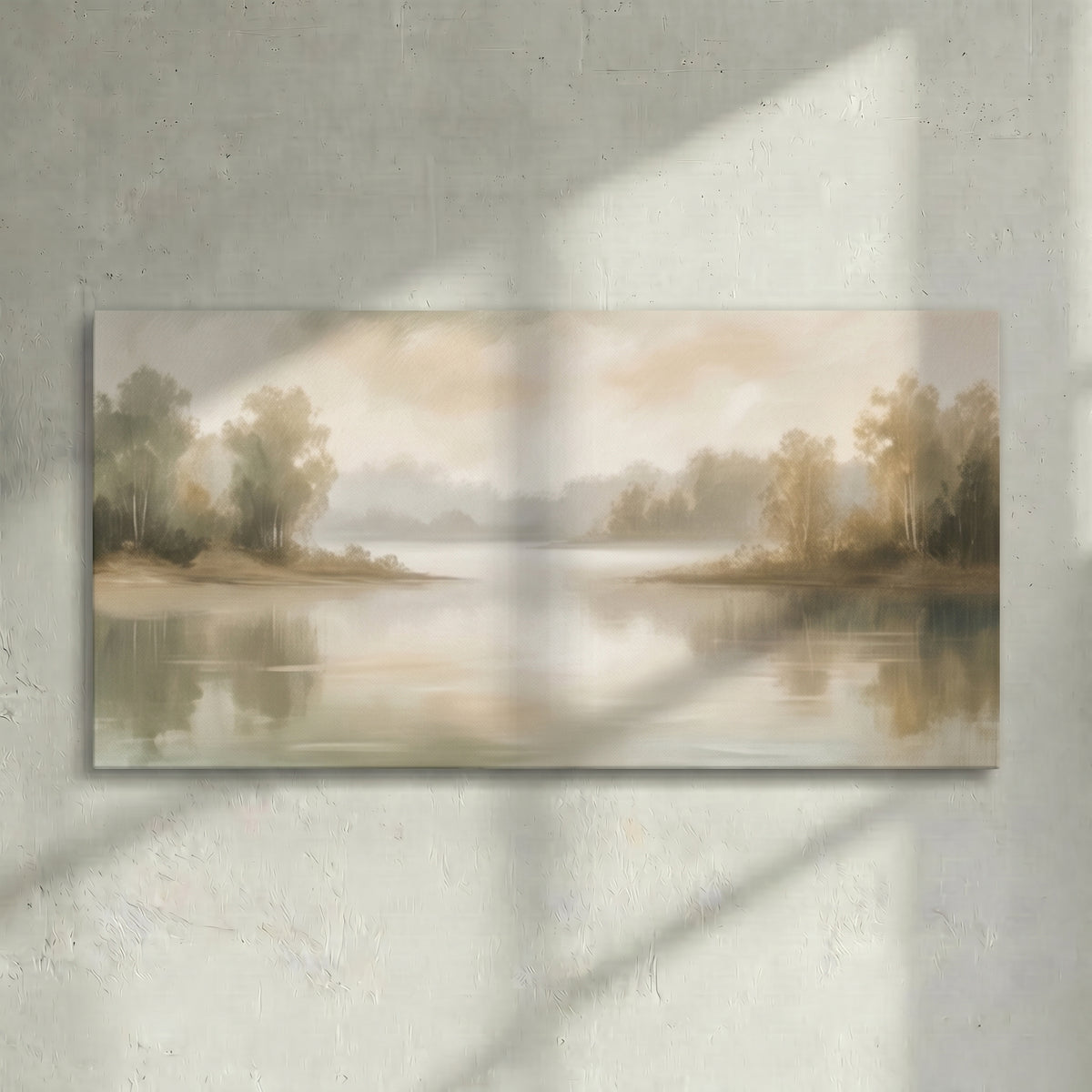 Soft Misty Lake Birch Tree Canvas Art