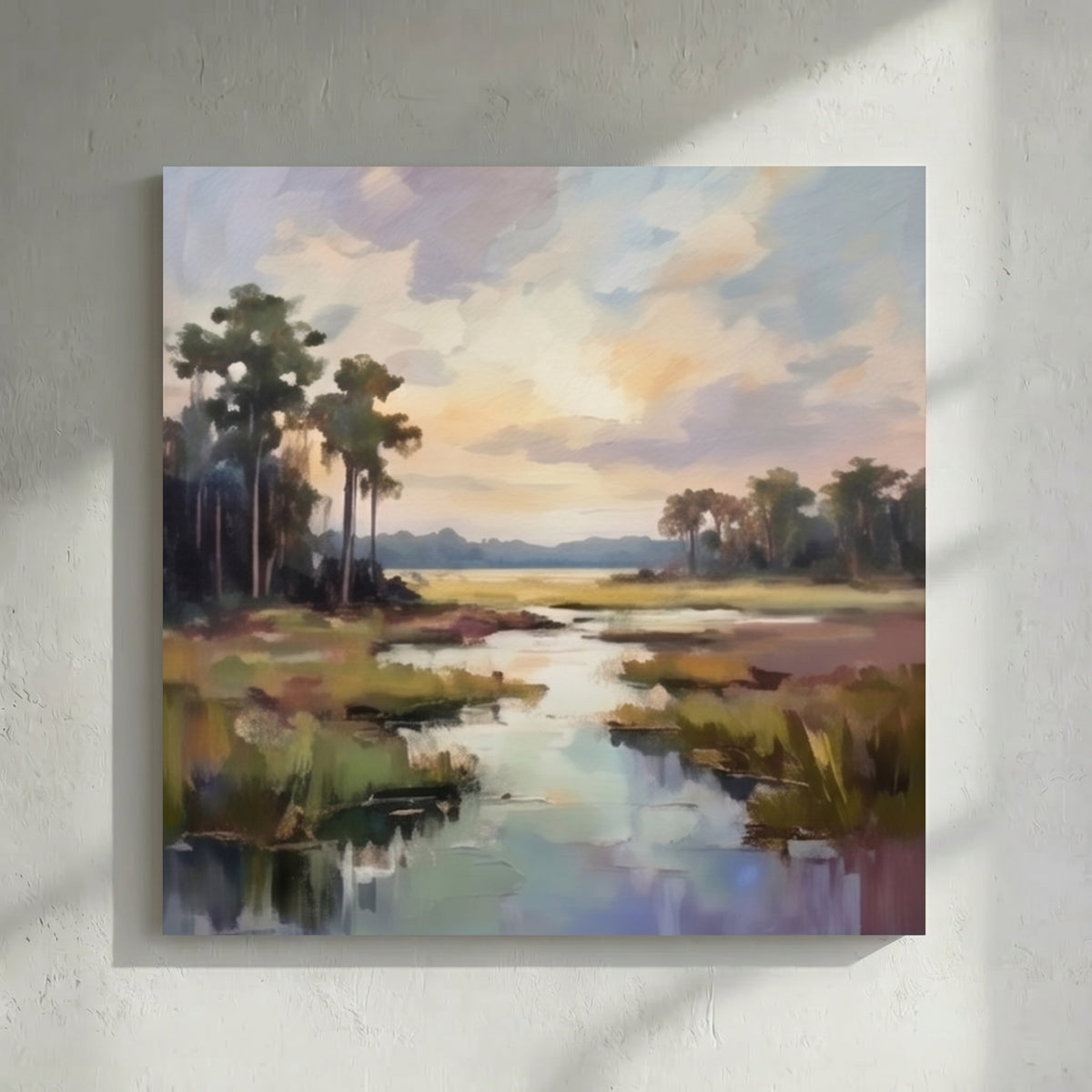 Wetland Marsh Tall Trees Sunset Painting