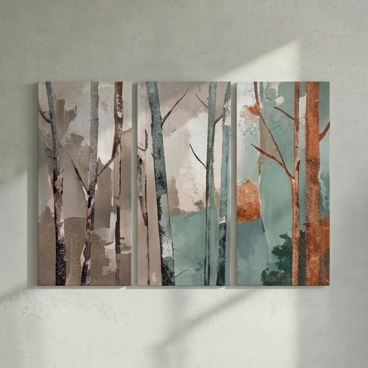 Birch Forest Triptych Muted Teal Painting