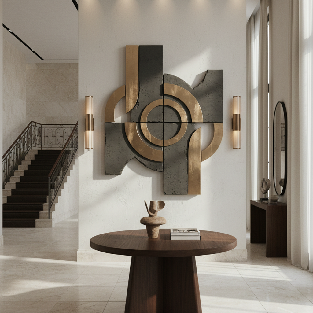 Large Gold & Charcoal Geometric Multi-Panel 3D Wall Art