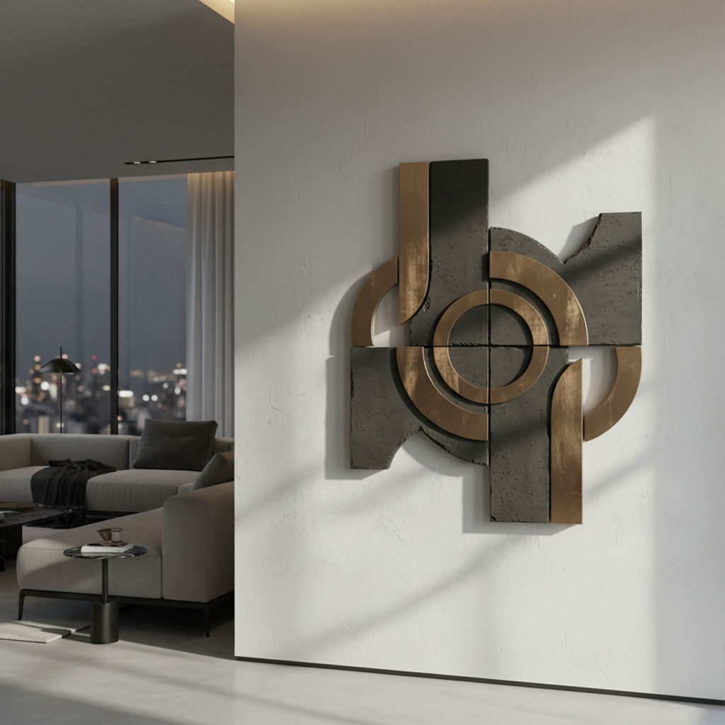 Large Gold & Charcoal Geometric Multi-Panel 3D Wall Art
