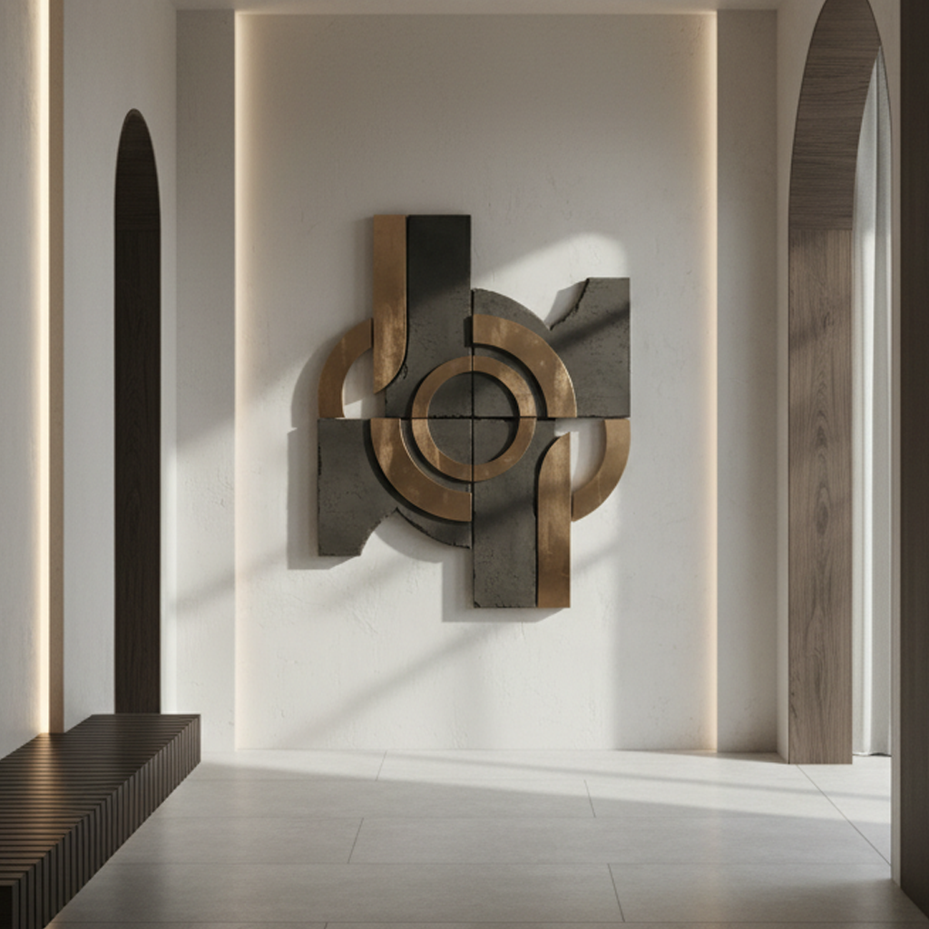 Large Gold & Charcoal Geometric Multi-Panel 3D Wall Art