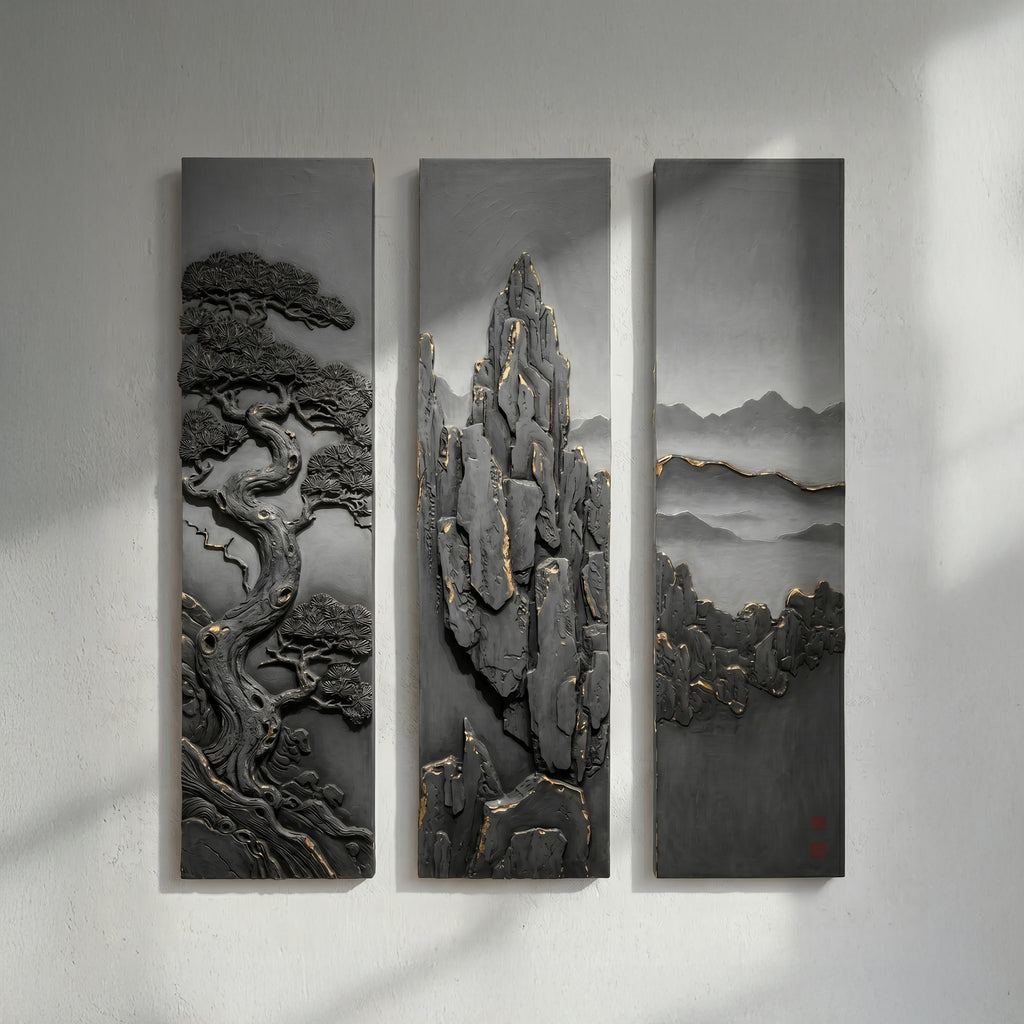 Asian-Inspired Triptych 3D Wall Art, Mountain & Mist