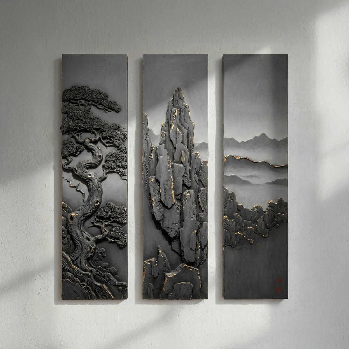 Asian-Inspired Triptych 3D Wall Art, Mountain & Mist
