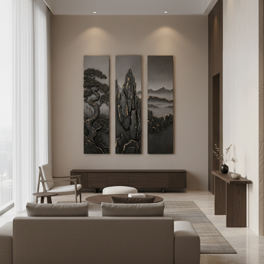 Asian-Inspired Triptych 3D Wall Art, Mountain & Mist