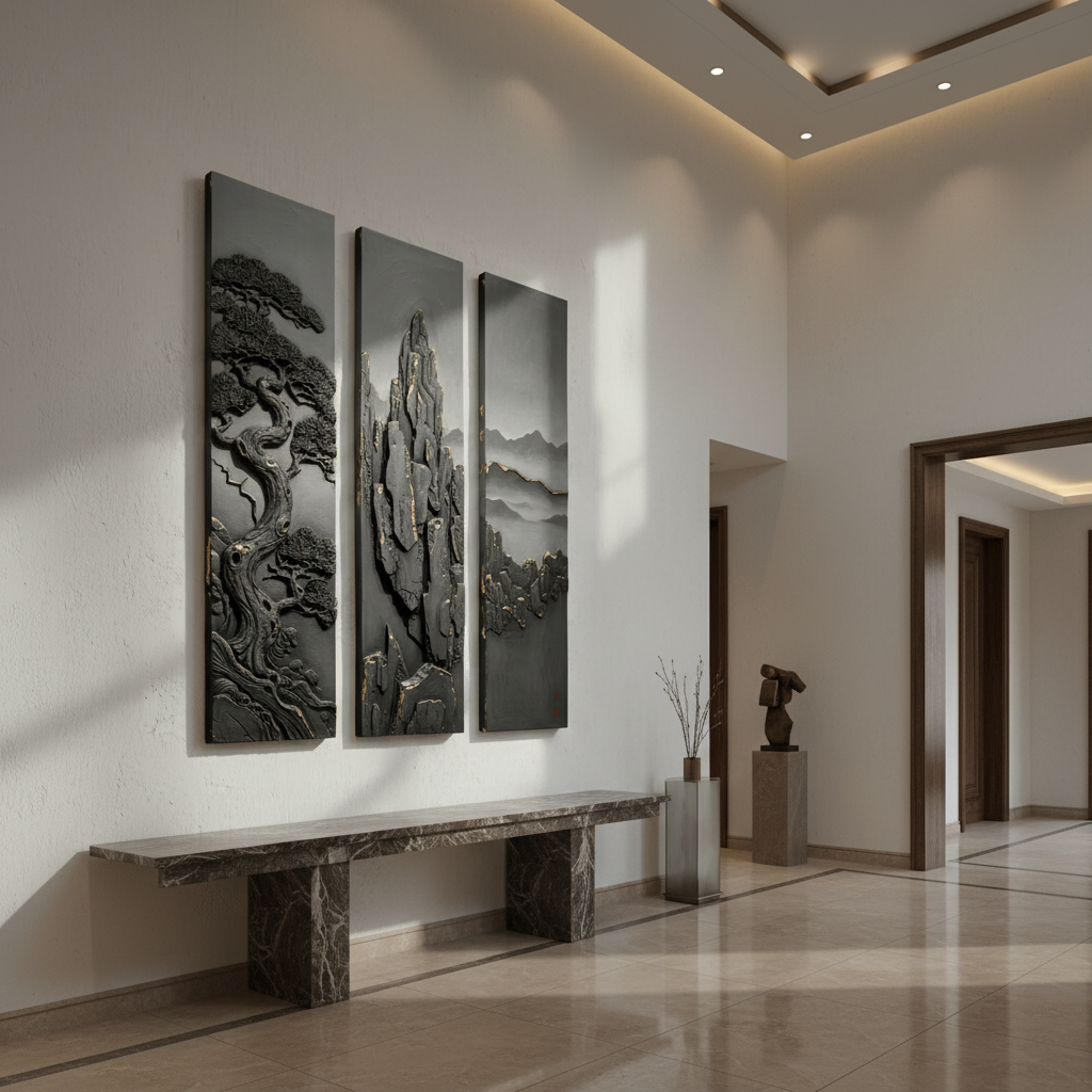 Asian-Inspired Triptych 3D Wall Art, Mountain & Mist
