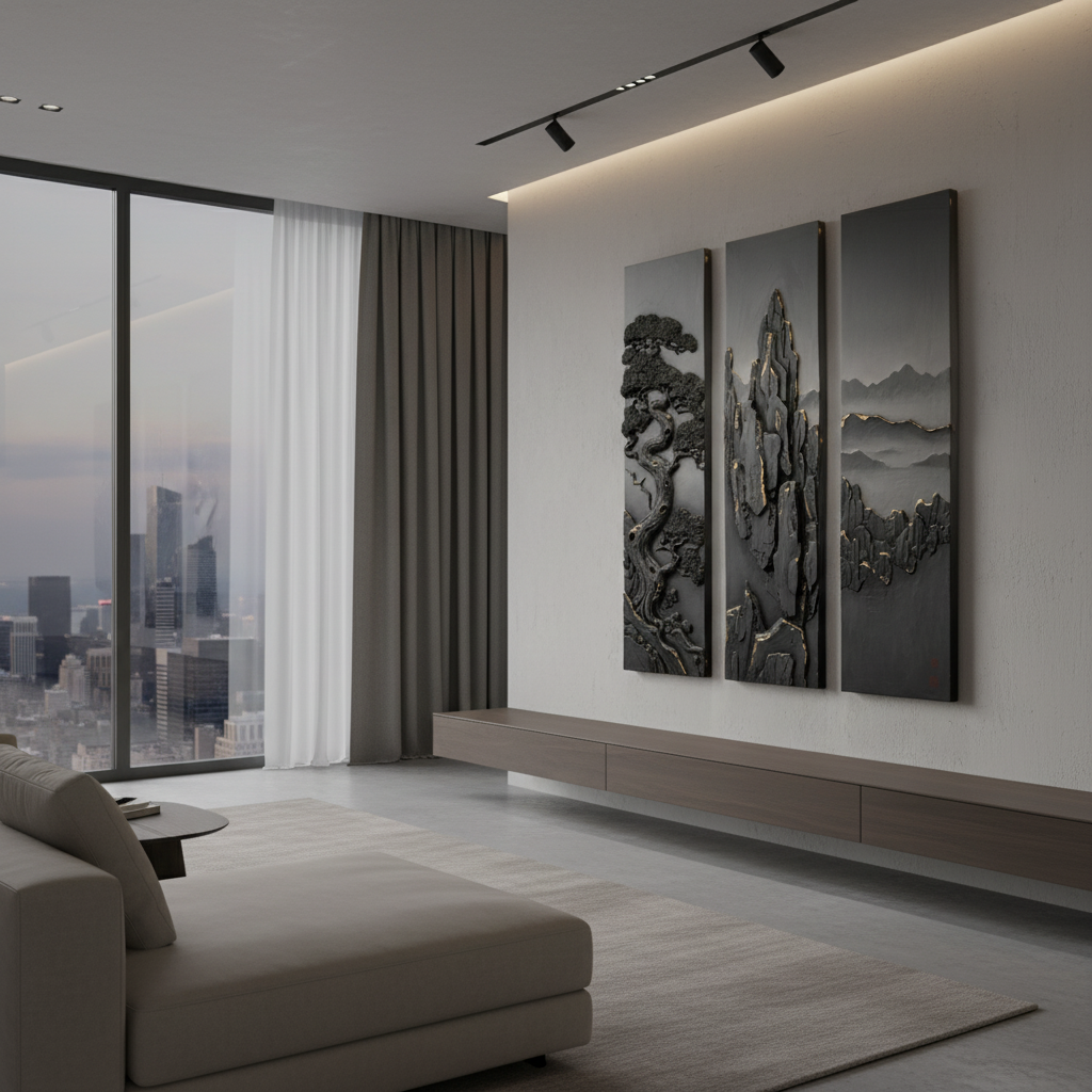 Asian-Inspired Triptych 3D Wall Art, Mountain & Mist