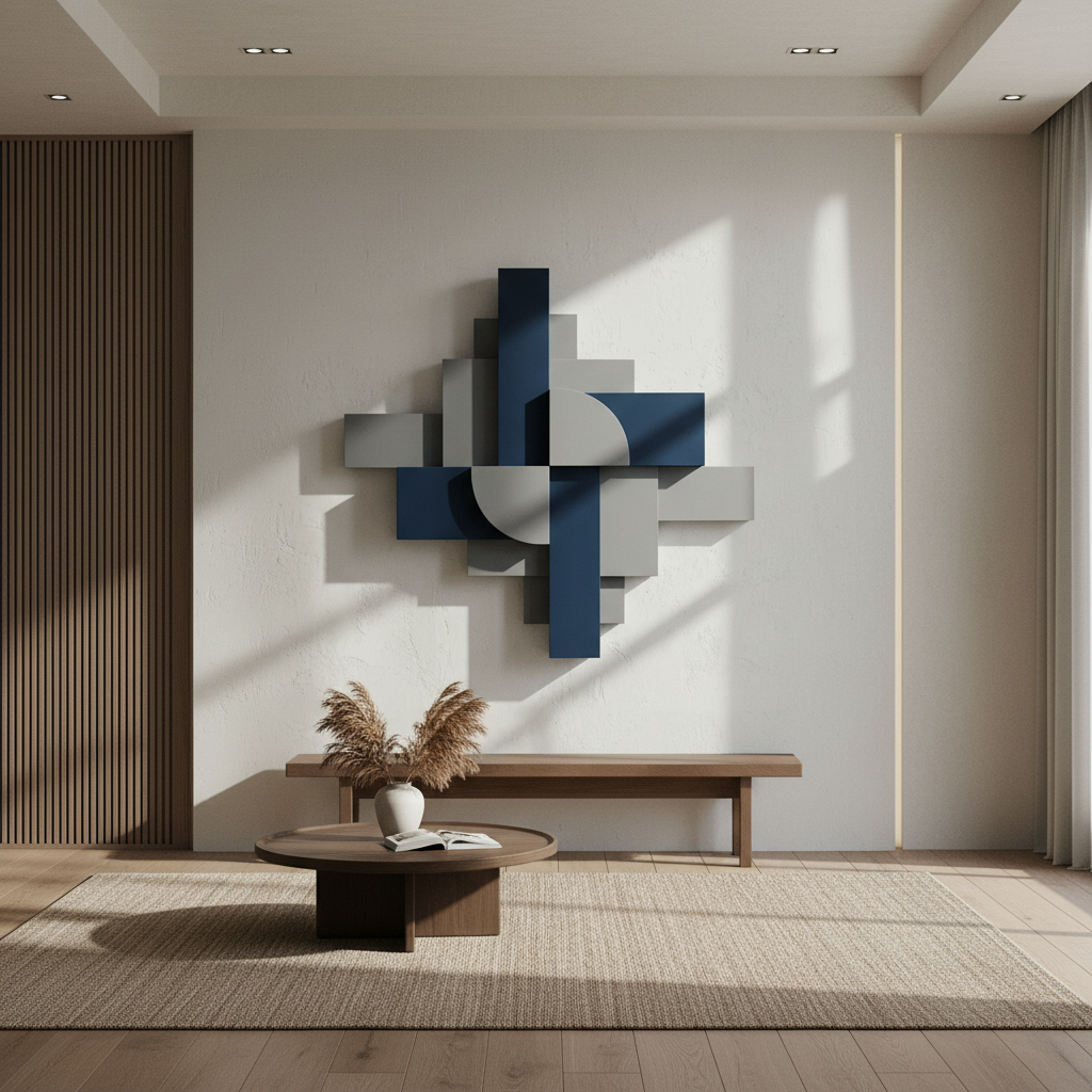 Navy Blue & Silver Geometric Constructivist 3D Wall Art
