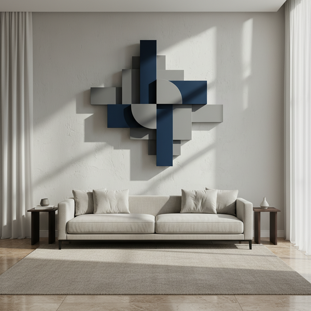 Navy Blue & Silver Geometric Constructivist 3D Wall Art