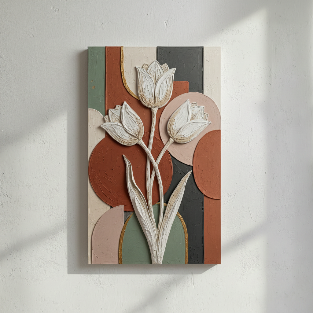Boho Tulip Floral 3D Wall Art Terracotta Sage White