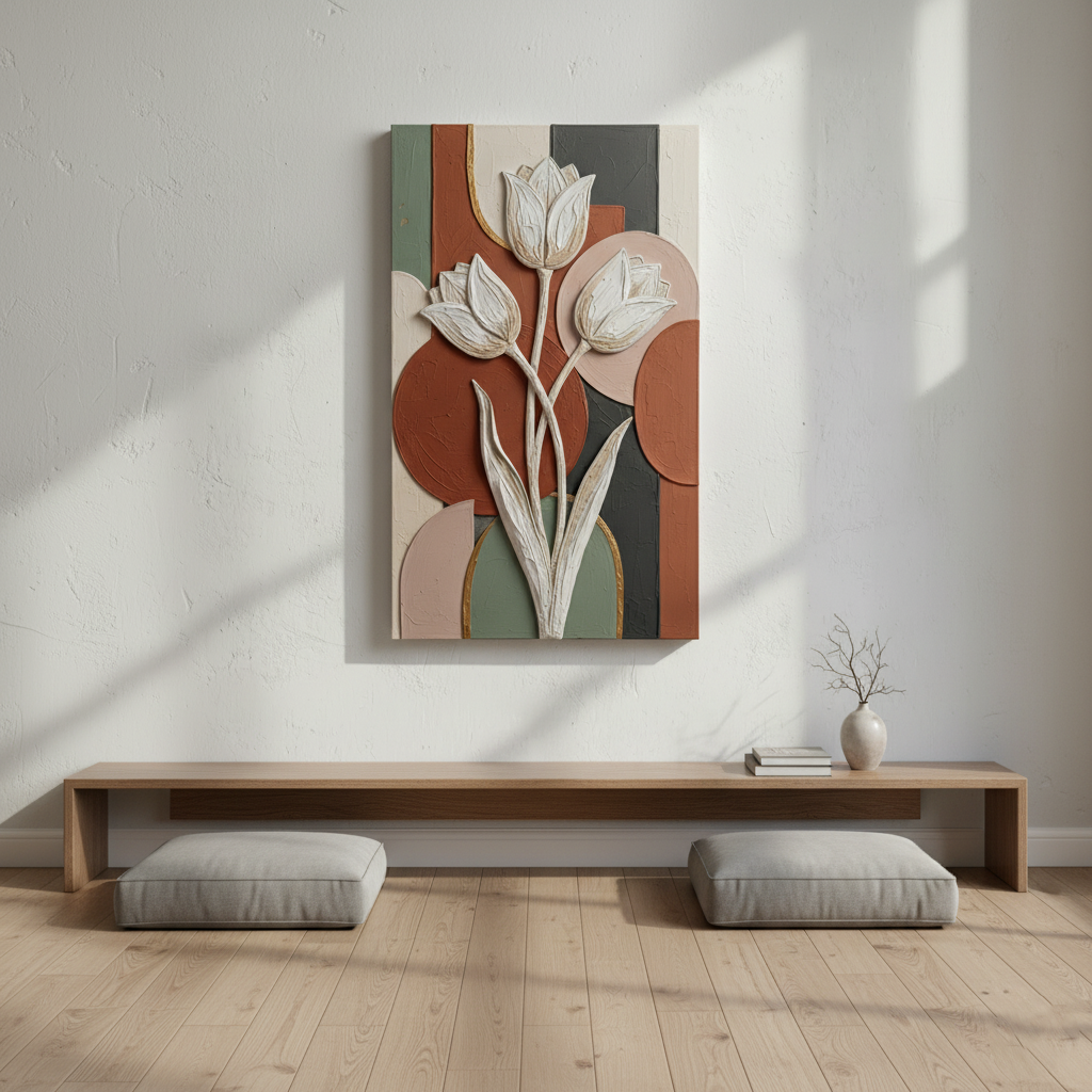Boho Tulip Floral 3D Wall Art Terracotta Sage White