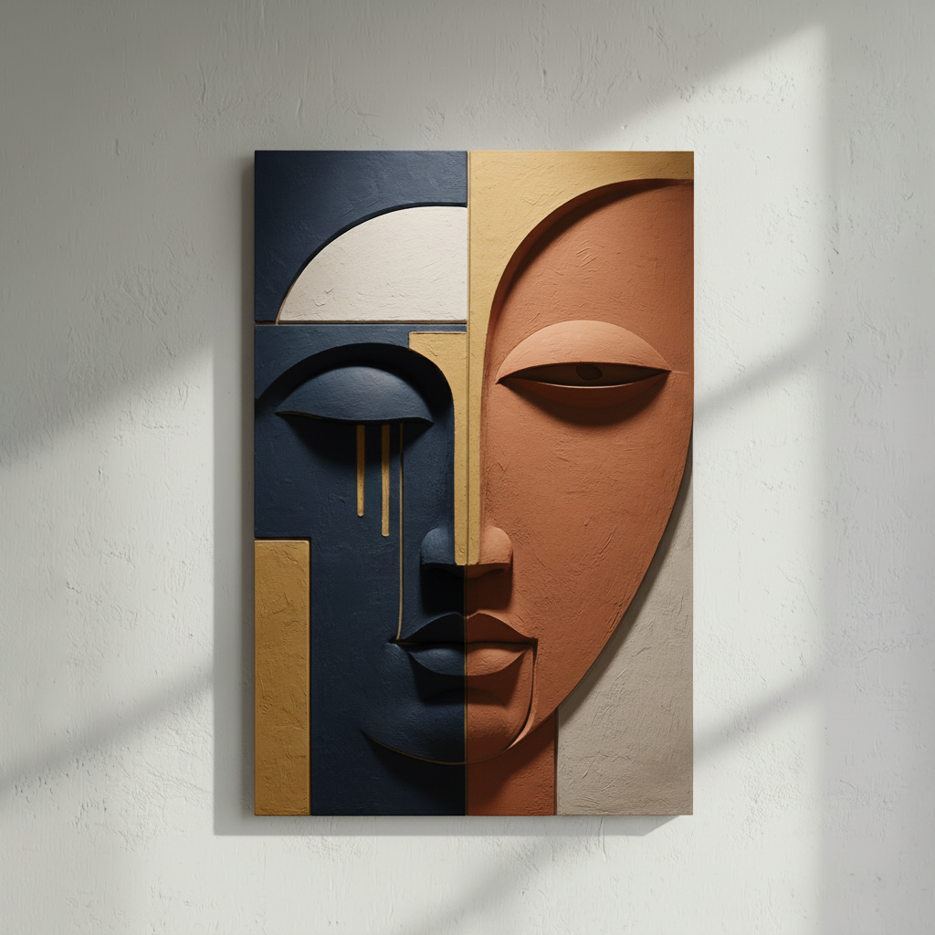Abstract Split Face 3D Wall Art Navy Terracotta Gold