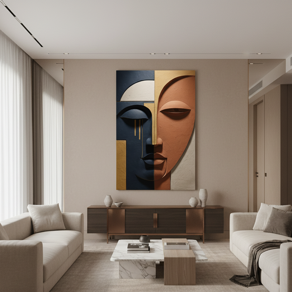 Abstract Split Face 3D Wall Art Navy Terracotta Gold