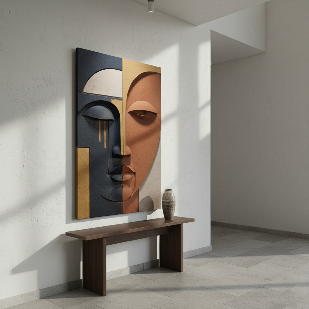 Abstract Split Face 3D Wall Art Navy Terracotta Gold