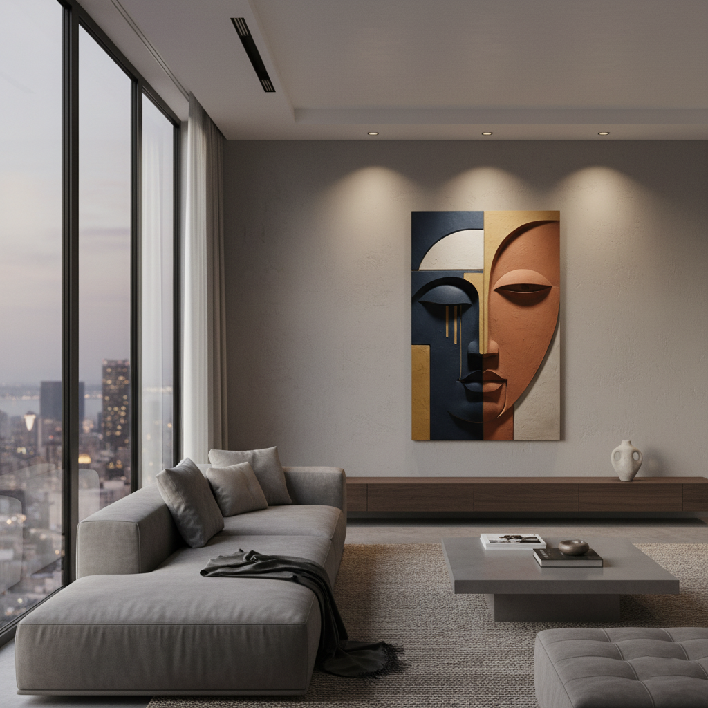 Abstract Split Face 3D Wall Art Navy Terracotta Gold