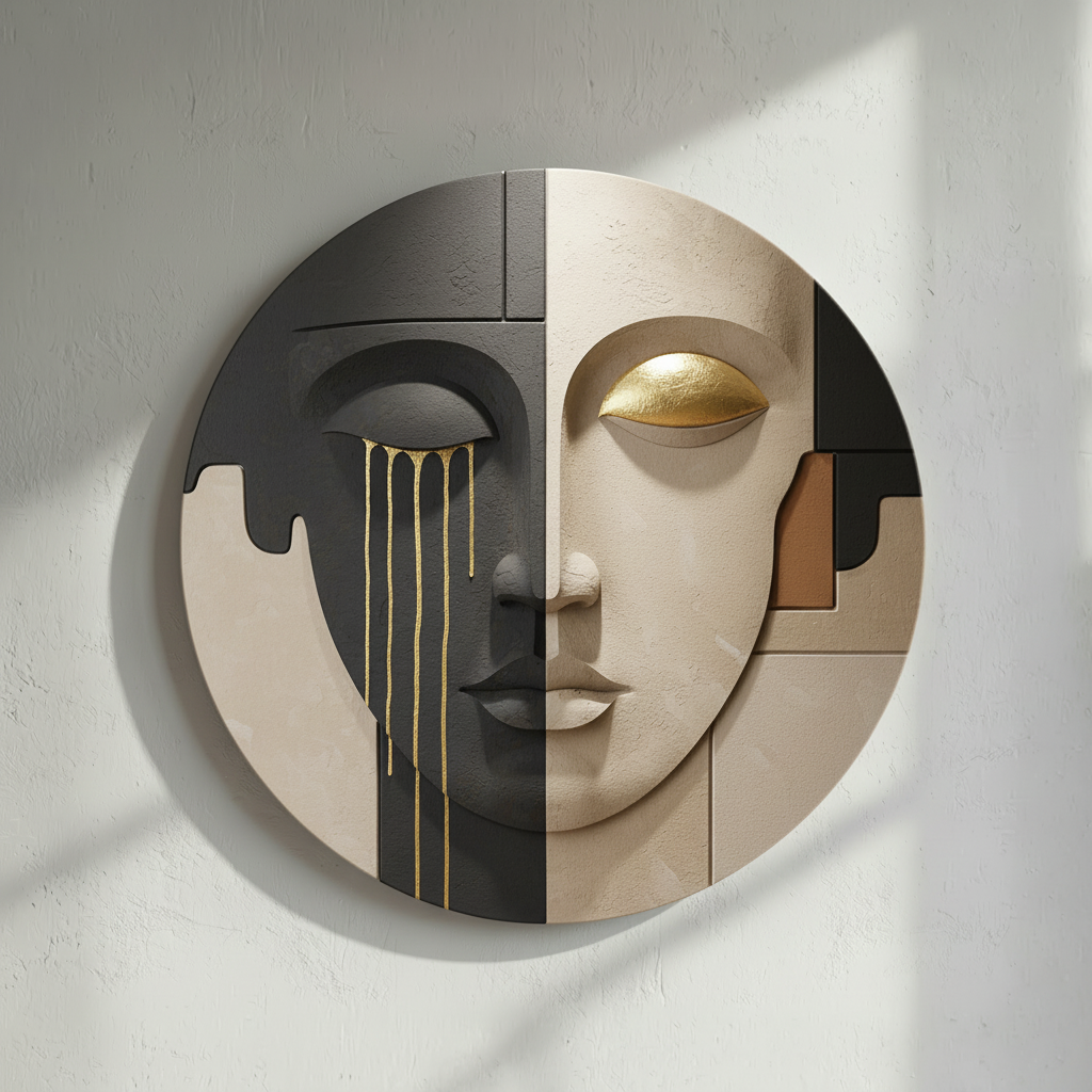 Round Abstract Face 3D Wall Art Black Gold Ivory Circle