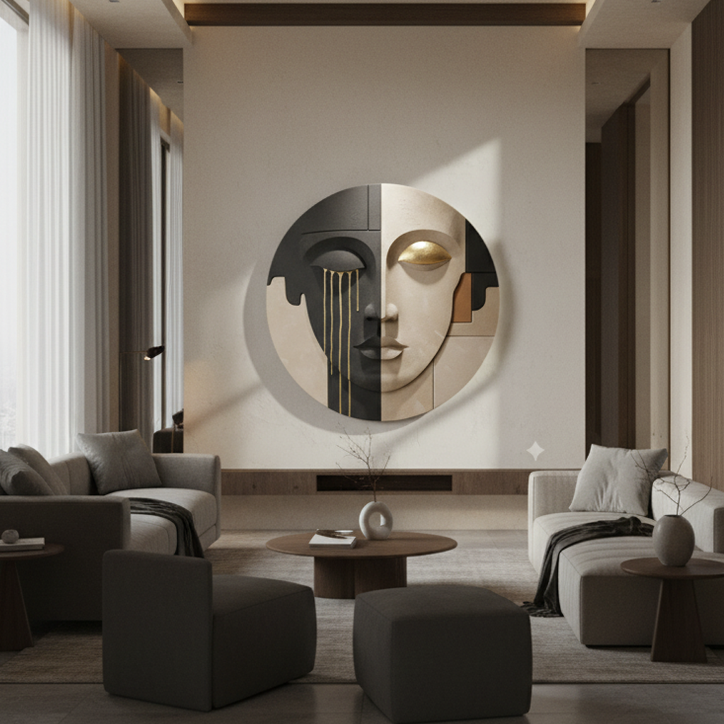 Round Abstract Face 3D Wall Art Black Gold Ivory Circle
