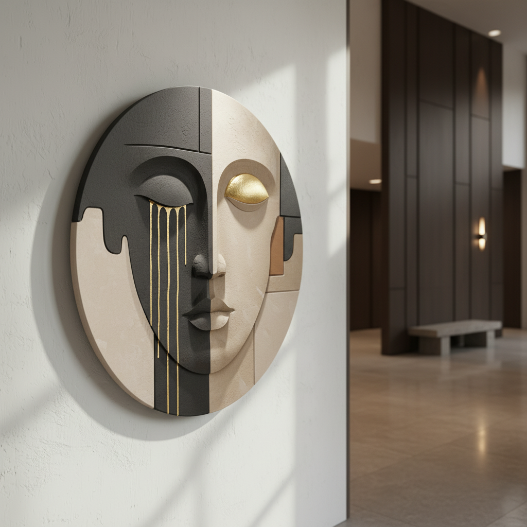 Round Abstract Face 3D Wall Art Black Gold Ivory Circle