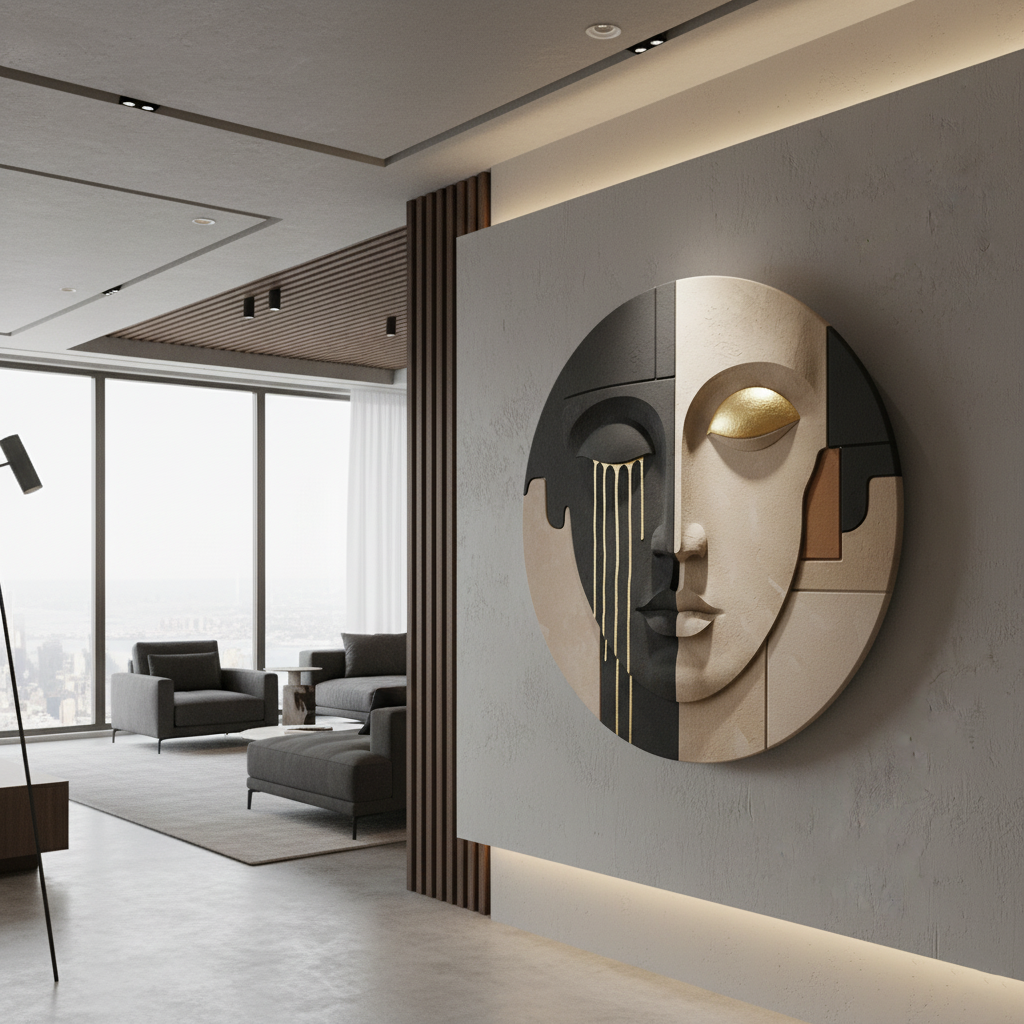 Round Abstract Face 3D Wall Art Black Gold Ivory Circle