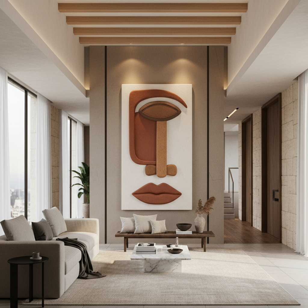 Minimalist Abstract Face 3D Wall Art Terracotta White Boho