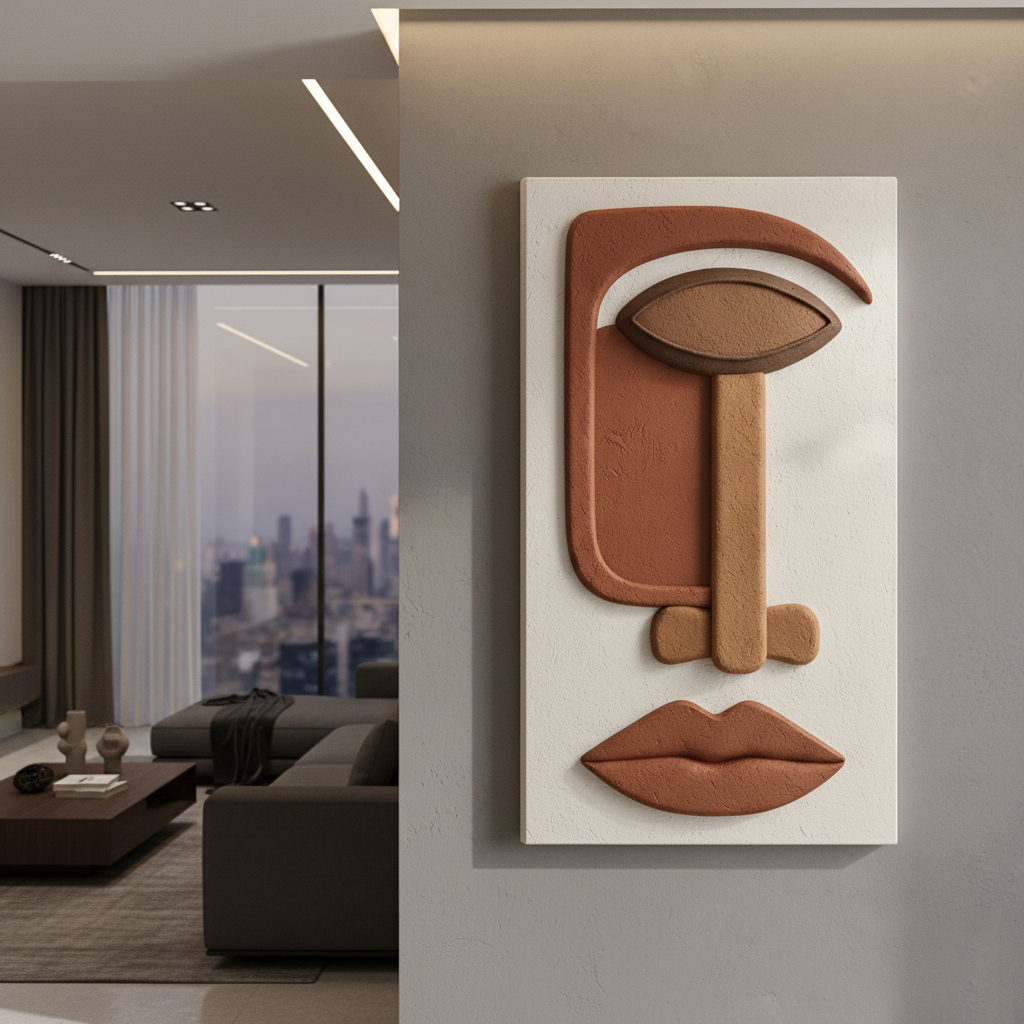 Minimalist Abstract Face 3D Wall Art Terracotta White Boho