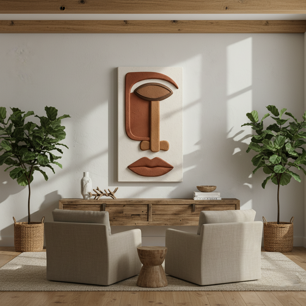 Minimalist Abstract Face 3D Wall Art Terracotta White Boho