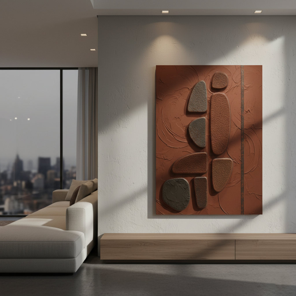 Earthy Stone Abstract 3D Wall Art Terracotta Grey Pebble