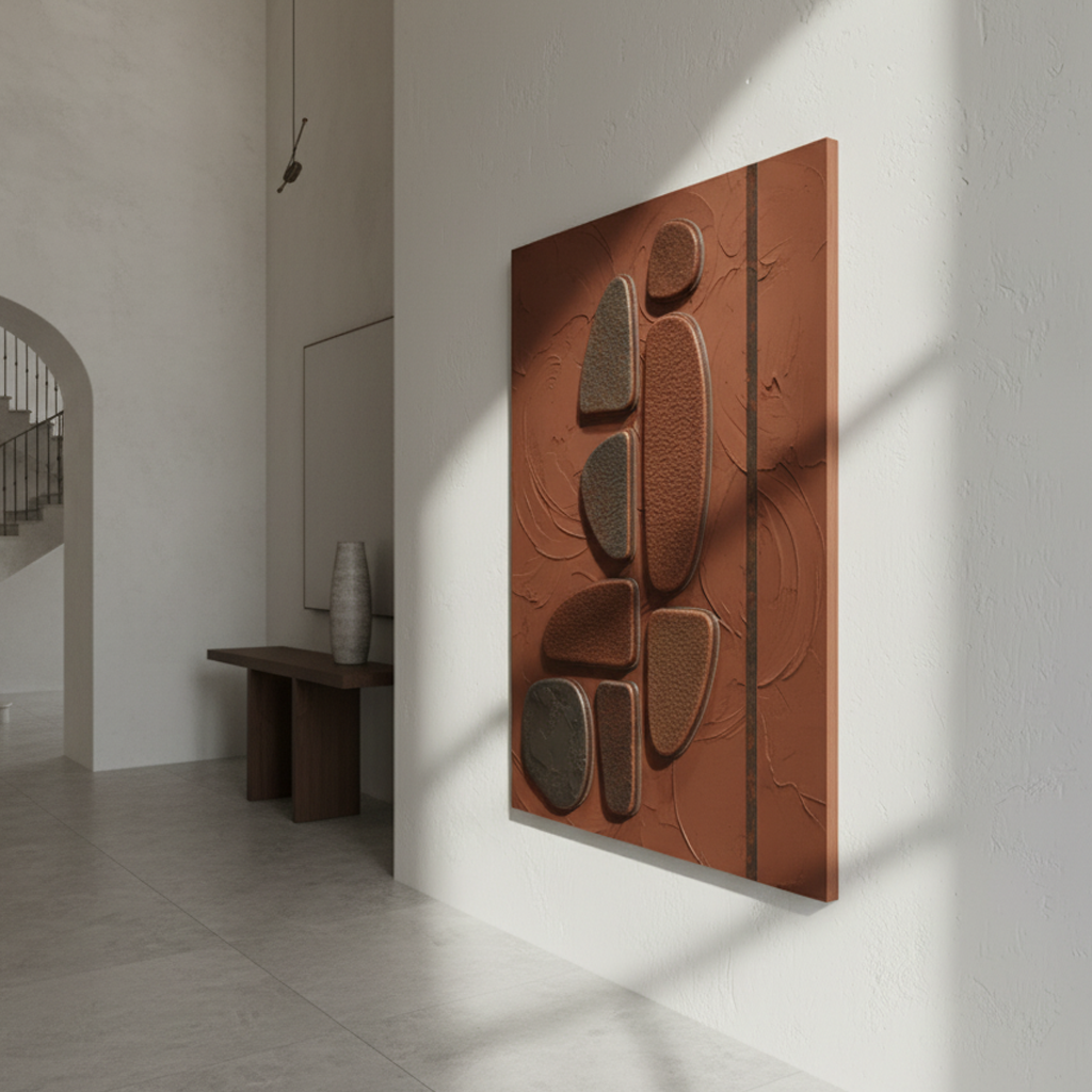 Earthy Stone Abstract 3D Wall Art Terracotta Grey Pebble