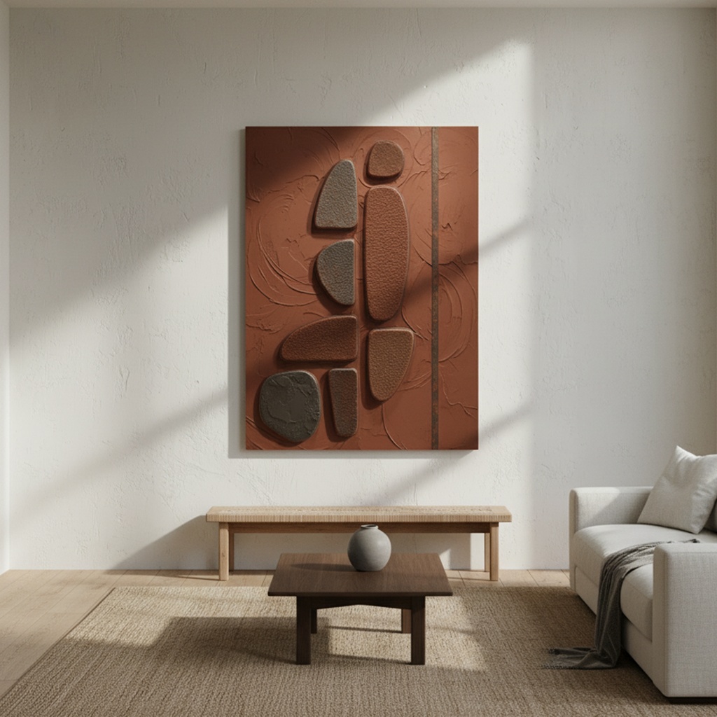 Earthy Stone Abstract 3D Wall Art Terracotta Grey Pebble