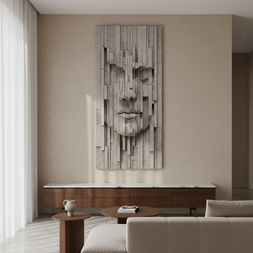 Cubist Concrete Face 3D Wall Art Grey Industrial Modern