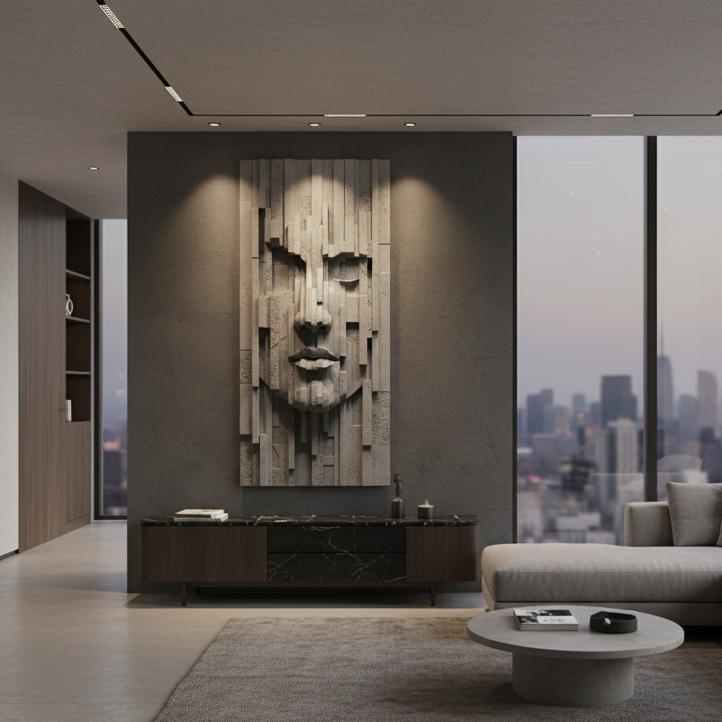 Cubist Concrete Face 3D Wall Art Grey Industrial Modern