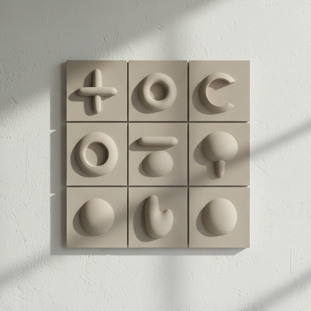 Geometric Symbol Grid 3D Wall Art Beige Grey Nine Panel