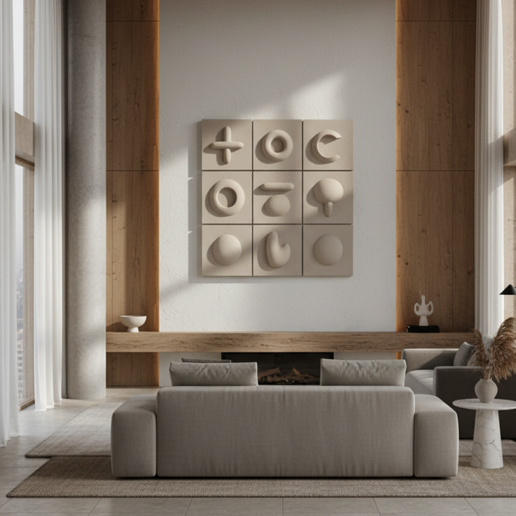 Geometric Symbol Grid 3D Wall Art Beige Grey Nine Panel