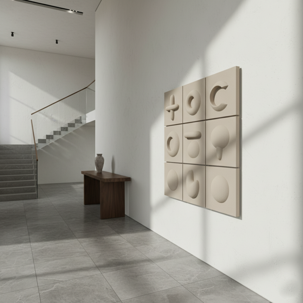 Geometric Symbol Grid 3D Wall Art Beige Grey Nine Panel