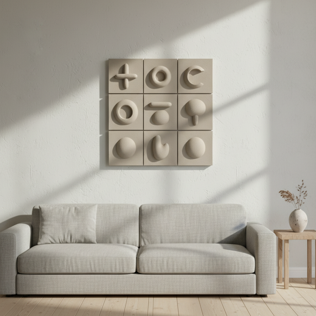 Geometric Symbol Grid 3D Wall Art Beige Grey Nine Panel