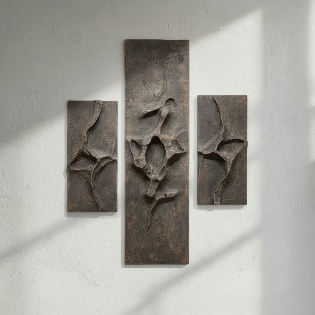 Dark Botanical Triptych 3D Wall Art Bronze Grey Organic