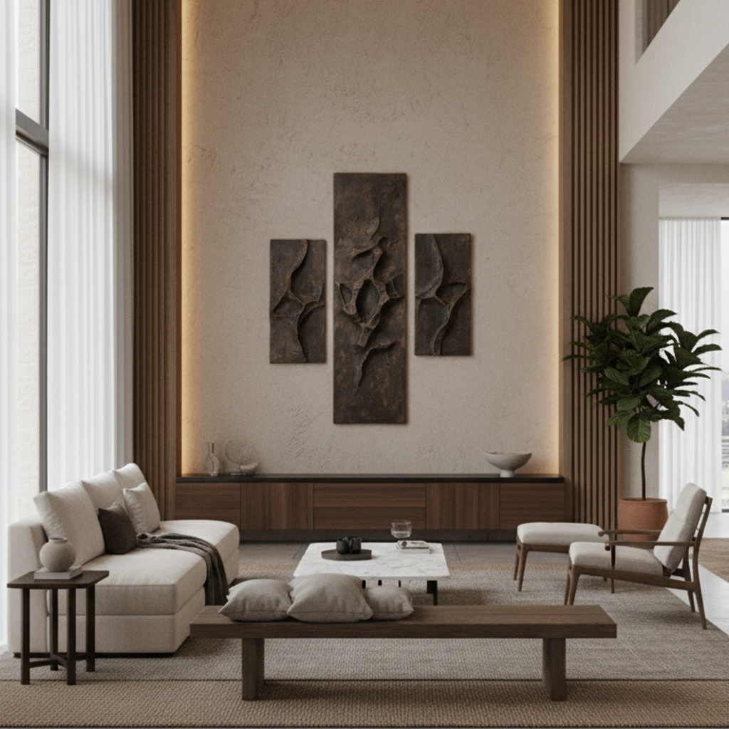 Dark Botanical Triptych 3D Wall Art Bronze Grey Organic
