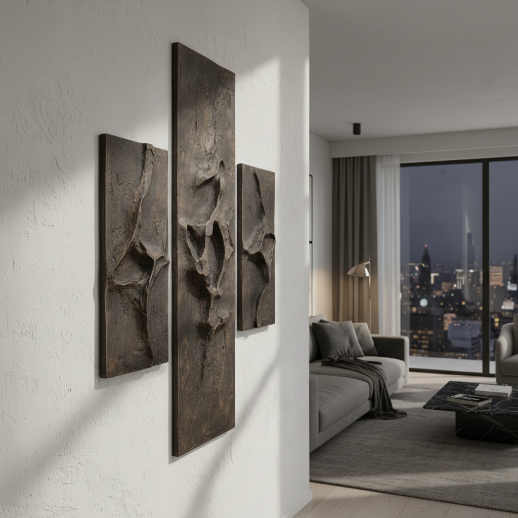 Dark Botanical Triptych 3D Wall Art Bronze Grey Organic