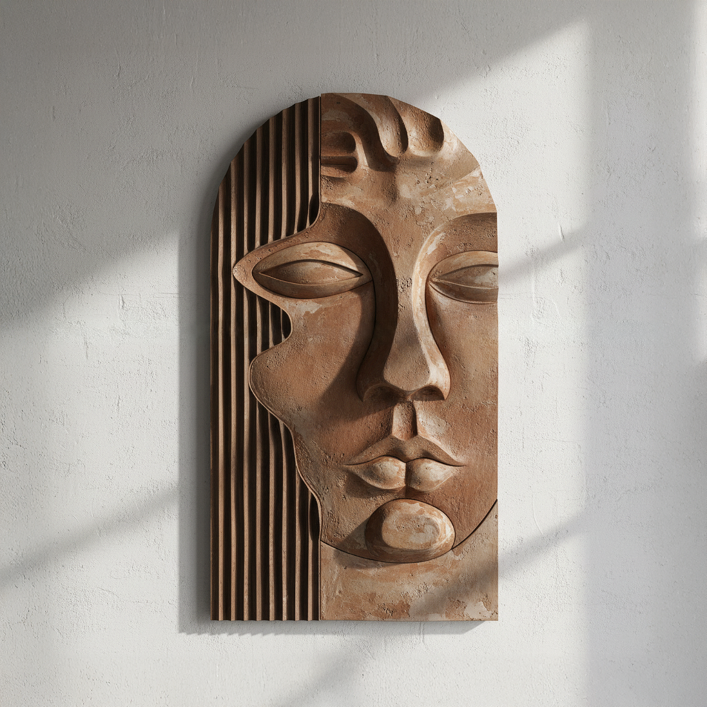 Terracotta Goddess Face Arch 3D Wall Art Ancient Boho Carved