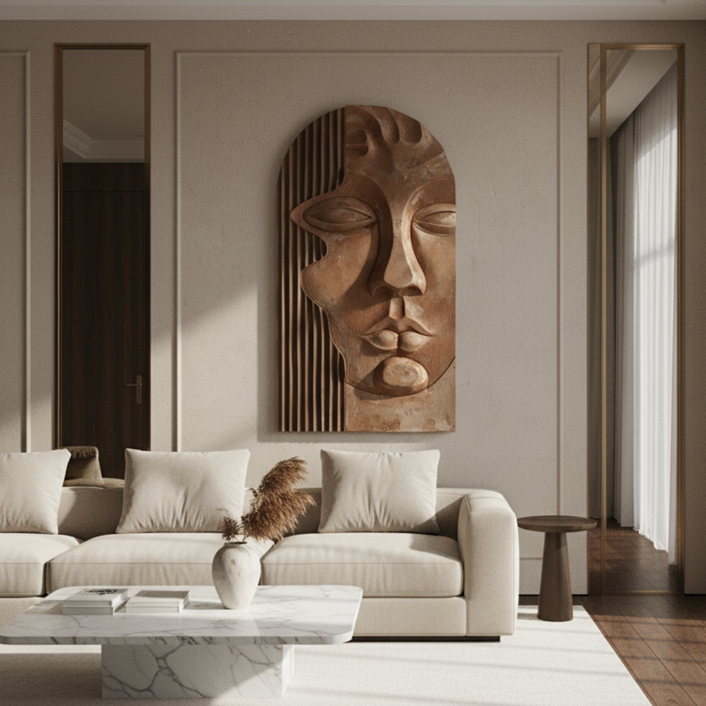 Terracotta Goddess Face Arch 3D Wall Art Ancient Boho Carved